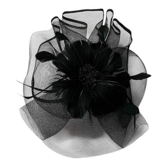 Black Mesh Fascinator Hat with Feather Flower and Headband Clip – Elegant Formal - Picture 2 of 7